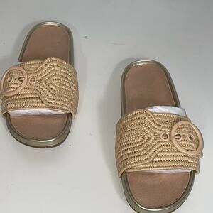 kate spade Beige Woven Slide Sandals with Gold Trim